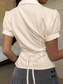 SHEIN EZwear 女款韓系街頭風單排扣百褶腰設計襯衫 - 杏色 - 查看 2