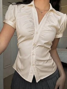 SHEIN EZwear 女款韓系街頭風單排扣百褶腰設計襯衫 - 杏色 - 查看 1