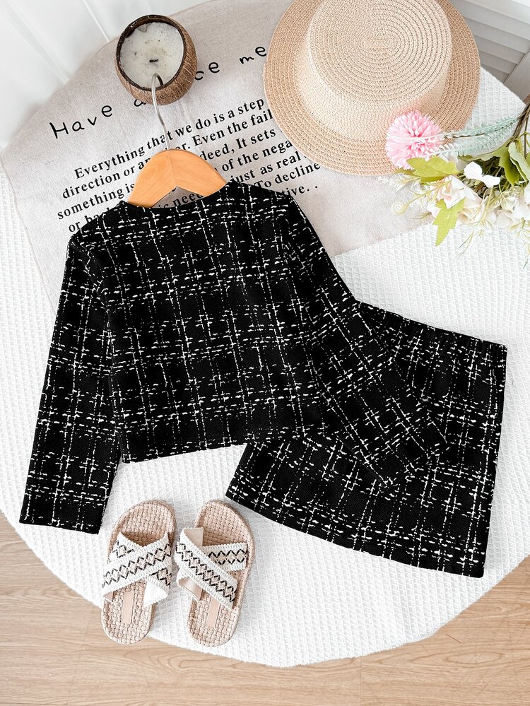 SHEIN Gadis Muda, Gadis Muda, Gadis Muda, Pakaian Kasual Sehari-hari untuk Perjalanan Sekolah, Set Jaket dan Rok Motif Pita Houndstooth Hitam Putih - Hitam dan Putih - View 6