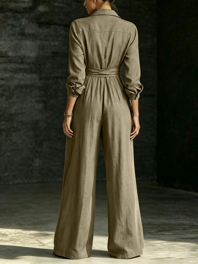 LUMIGAL Women's Solid Color Waist Knot Casual Daily Wear Jumpsuit - Olive Green - View 2