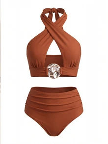 Swim Oasis Women 3-Piece Swimwear Set Burnt Orange,Summer,Casual,Beach,Holiday,Vacation,Holiday Hollow-Out Metal Decor Crisscross Top,Shorts & Twist Knot Skirt - Brown - View 8