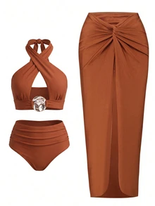 Swim Oasis Women 3-Piece Swimwear Set Burnt Orange,Summer,Casual,Beach,Holiday,Vacation,Holiday Hollow-Out Metal Decor Crisscross Top,Shorts & Twist Knot Skirt - Brown - View 7