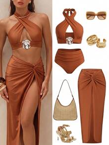 Swim Oasis Women 3-Piece Swimwear Set Burnt Orange,Summer,Casual,Beach,Holiday,Vacation,Holiday Hollow-Out Metal Decor Crisscross Top,Shorts & Twist Knot Skirt - Brown - View 6