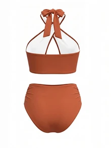 Swim Oasis Women 3-Piece Swimwear Set Burnt Orange,Summer,Casual,Beach,Holiday,Vacation,Holiday Hollow-Out Metal Decor Crisscross Top,Shorts & Twist Knot Skirt - Brown - View 4
