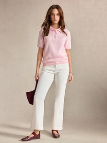 BizChic Soft Pink Women's Knitted Lapel Half-Button Short Sleeve Top, Elegant Casual Vintage Slimming, Suitable For Halloween, Back To School, Office, Minimalist Style, Autumn, Church, Special Occasions, Birthday, Wedding Guest, Party, Date, Vacation, French Style - Pink - View 6