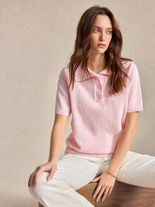 BizChic Soft Pink Women's Knitted Lapel Half-Button Short Sleeve Top, Elegant Casual Vintage Slimming, Suitable For Halloween, Back To School, Office, Minimalist Style, Autumn, Church, Special Occasions, Birthday, Wedding Guest, Party, Date, Vacation, French Style - Pink - View 2