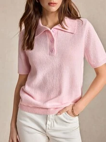 BizChic Soft Pink Women's Knitted Lapel Half-Button Short Sleeve Top, Elegant Casual Vintage Slimming, Suitable For Halloween, Back To School, Office, Minimalist Style, Autumn, Church, Special Occasions, Birthday, Wedding Guest, Party, Date, Vacation, French Style - Pink - View 3