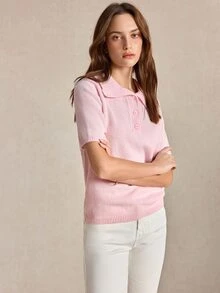 BizChic Soft Pink Women's Knitted Lapel Half-Button Short Sleeve Top, Elegant Casual Vintage Slimming, Suitable For Halloween, Back To School, Office, Minimalist Style, Autumn, Church, Special Occasions, Birthday, Wedding Guest, Party, Date, Vacation, French Style - Pink - View 5