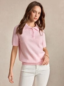 BizChic Soft Pink Women's Knitted Lapel Half-Button Short Sleeve Top, Elegant Casual Vintage Slimming, Suitable For Halloween, Back To School, Office, Minimalist Style, Autumn, Church, Special Occasions, Birthday, Wedding Guest, Party, Date, Vacation, French Style - Pink - View 4