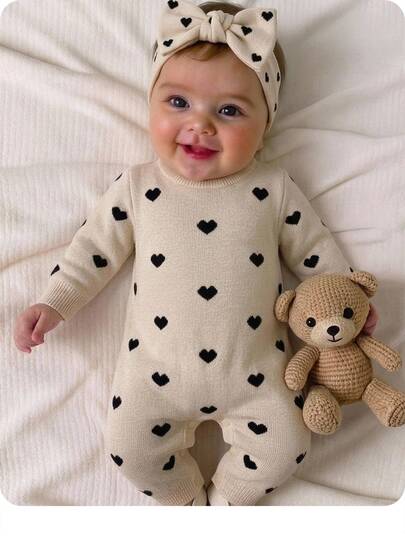 SHEIN Newborn Baby Girl Cute Heart Pattern Knit Long Sleeve Romper, Fall/Winter