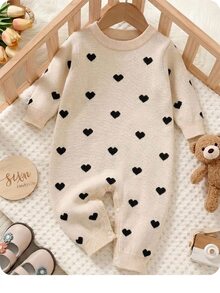 SHEIN 新生女孩可爱心形图案针织长袖连体衣，秋冬 - 卡其色 - 查看 5