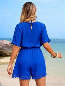 Swim Lushoire Women's Summer Beach Batwing Sleeve V-Neck Tie Tassel Patchwork Round Lace Trim Romper Shorts - Blue - View 2