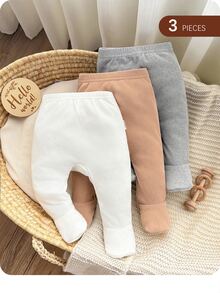 SHEIN 3pcs/Pack Newborn Baby Girl Solid Color Knit Simple Casual Cute Versatile Leggings Fall Winter Neutral - Multicolor - View 1