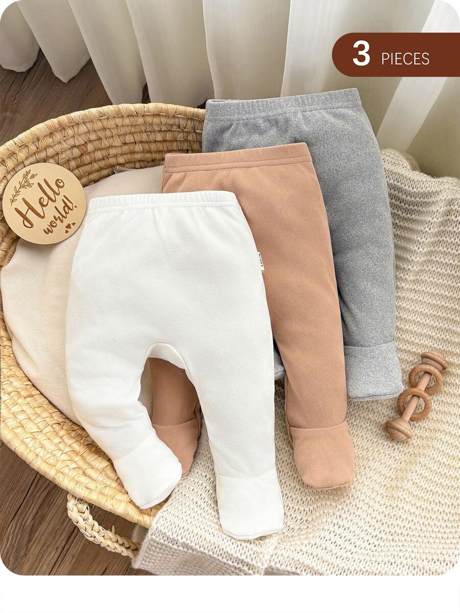 SHEIN 3pcs/Pack Newborn Baby Girl Solid Color Knit Simple Casual Cute Versatile Leggings Fall Winter Neutral - Multicolor - View 1