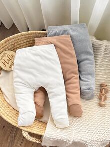 SHEIN 3pcs/Pack Newborn Baby Girl Solid Color Knit Simple Casual Cute Versatile Leggings Fall Winter Neutral - Multicolor - View 2