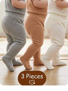 SHEIN 3pcs/Pack Newborn Baby Girl Solid Color Knit Simple Casual Cute Versatile Leggings Fall Winter Neutral - Multicolor - View 6