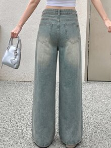 DAZY Women's Casual Loose Fit Contrast Color Pocket Flare Leg Jeans School Cute Tops - Blue - View 2