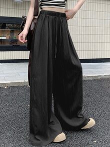 DAZY Women's Solid Color Drawstring Waist Wide Leg Loose Casual Pants Cute Tops - Black - View 4