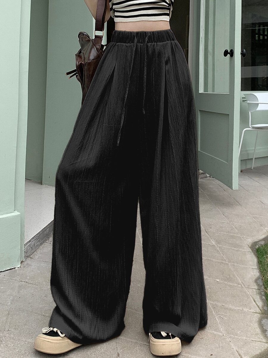 DAZY Women's Solid Color Drawstring Waist Wide Leg Loose Casual Pants Cute Tops - Black - View 1