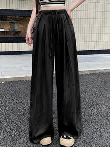 DAZY Women's Solid Color Drawstring Waist Wide Leg Loose Casual Pants Cute Tops - Black - View 5