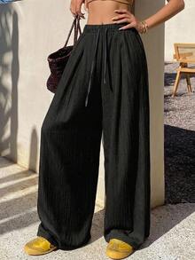 DAZY Women's Solid Color Drawstring Waist Wide Leg Loose Casual Pants Cute Tops - Black - View 6