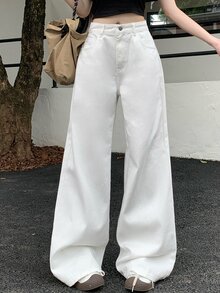 DAZY Women's Solid Color Simple Casual Jeans - White - View 3