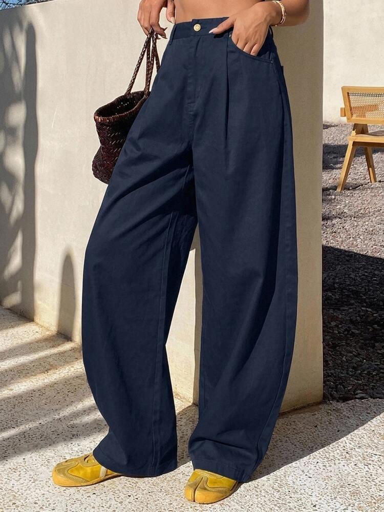 DAZY Women's Loose Solid Color Harem Pants With Pockets, Casual For Spring & Summer - Navy Blue - View 1