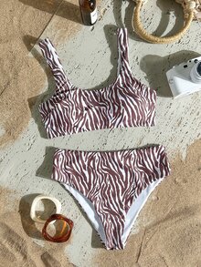 Bonvoyette 女款夏季性感斑馬紋粗肩帶比基尼泳衣 2 件套，適合海灘度假 - 棕色 - 查看 4