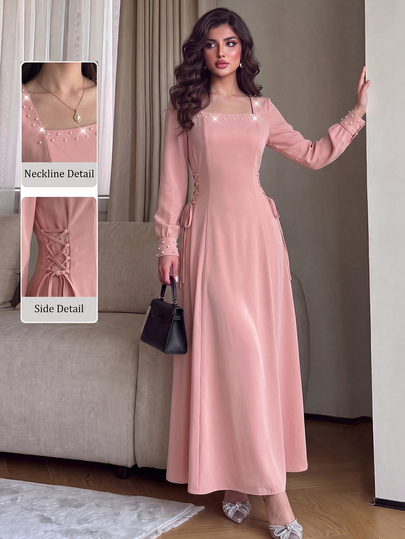 Yasmyna Spring/Autumn French Style Gentle Square Neck Pearl Long Sleeve Dress For Women With Side Tie Cinched Waist Long Dress