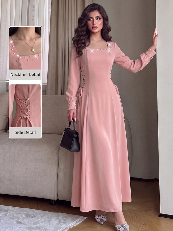 Yasmyna Spring/Autumn French Style Gentle Square Neck Pearl Long Sleeve Dress For Women With Side Tie Cinched Waist Long Dress