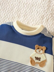 SHEIN Autumn New Arrival Newborn Baby Striped Contrast Color Top, Cute Bear Embroidery Soft & Cozy Shoulder Button Easy On/Off Casual Baby Clothes - Blue - View 4