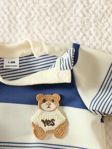 SHEIN Autumn New Arrival Newborn Baby Striped Contrast Color Top, Cute Bear Embroidery Soft & Cozy Shoulder Button Easy On/Off Casual Baby Clothes - Blue - View 5