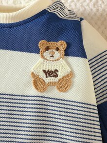 SHEIN Autumn New Arrival Newborn Baby Striped Contrast Color Top, Cute Bear Embroidery Soft & Cozy Shoulder Button Easy On/Off Casual Baby Clothes - Blue - View 8