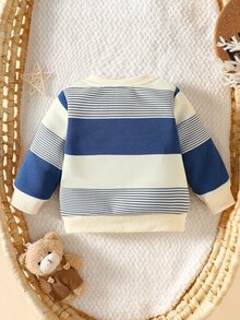 SHEIN Autumn New Arrival Newborn Baby Striped Contrast Color Top, Cute Bear Embroidery Soft & Cozy Shoulder Button Easy On/Off Casual Baby Clothes - Blue - View 2
