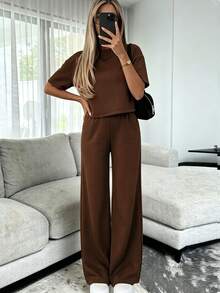 INAWLY Solva Women's Solid Color Short Sleeve Top And Long Pants Casual Daily 2 Pieces Set Lounge Dark Brown Summer - Coffee Brown - View 3