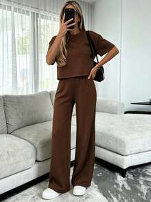 INAWLY Solva Women's Solid Color Short Sleeve Top And Long Pants Casual Daily 2 Pieces Set Lounge Dark Brown Summer - Coffee Brown - View 6