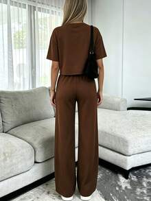 INAWLY Solva Women's Solid Color Short Sleeve Top And Long Pants Casual Daily 2 Pieces Set Lounge Dark Brown Summer - Coffee Brown - View 7