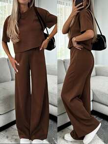 INAWLY Solva Women's Solid Color Short Sleeve Top And Long Pants Casual Daily 2 Pieces Set Lounge Dark Brown Summer - Coffee Brown - View 1