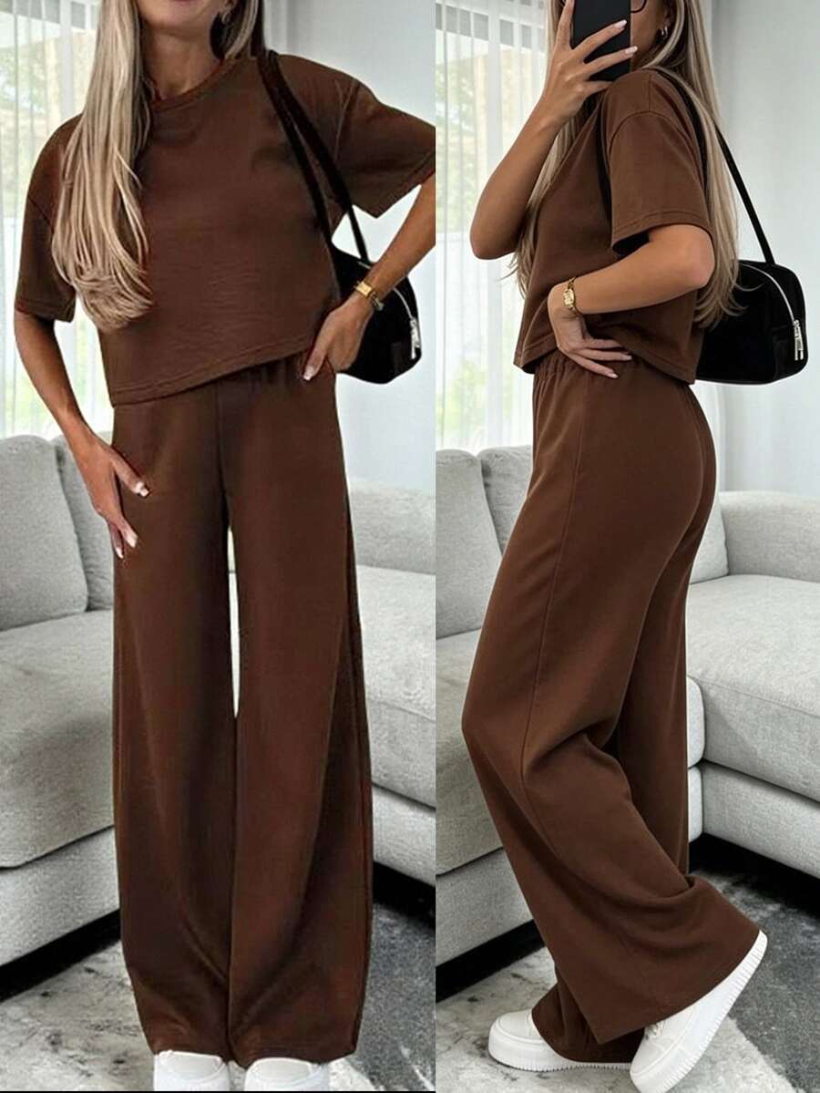 INAWLY Solva Women's Solid Color Short Sleeve Top And Long Pants Casual Daily 2 Pieces Set Lounge Dark Brown Summer - Coffee Brown - View 1