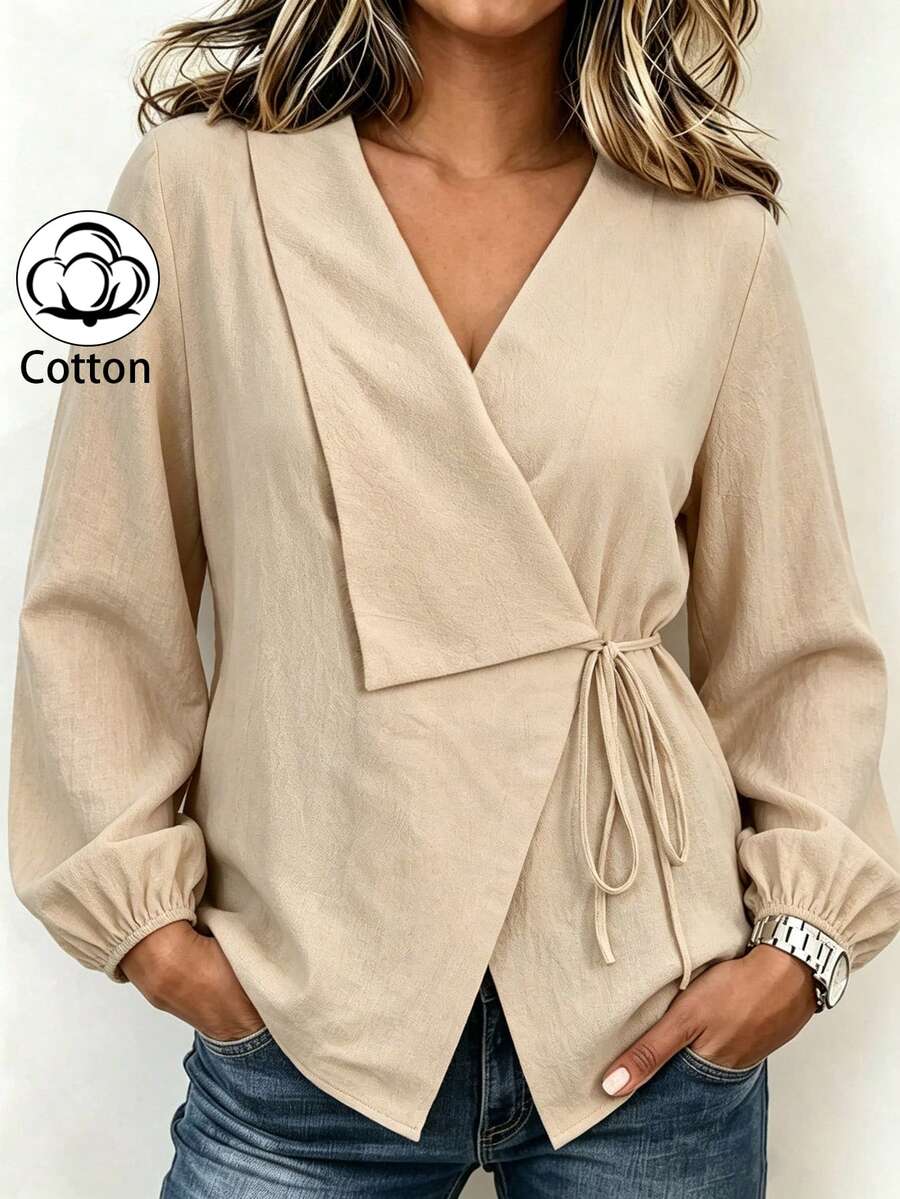 Linhara CURVE Plus Size Women Solid Color Cotton V-Neck Asymmetrical Tie Casual Vacation Long Sleeve Spring Autumn Blouse Fall - Apricot - View 1