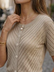 SHEIN LUNE Cardigan Musim Panas Ringan Elegan Lengan Pendek Kerah Bulat Kancing Tunggal untuk Wanita - Khaki - View 4