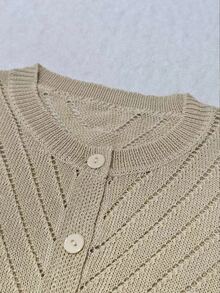 SHEIN LUNE Cardigan Musim Panas Ringan Elegan Lengan Pendek Kerah Bulat Kancing Tunggal untuk Wanita - Khaki - View 7