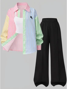 SHEIN 3件套，適合女孩，清新韓系休閒風，校園通勤與旅行，春/秋裝扮，拼色條紋馬尾襯衫 + 純色細肩帶背心 + 垂墜開衩寬腿褲 - 彩色 - 查看 8
