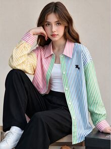 SHEIN 3件套，適合女孩，清新韓系休閒風，校園通勤與旅行，春/秋裝扮，拼色條紋馬尾襯衫 + 純色細肩帶背心 + 垂墜開衩寬腿褲 - 彩色 - 查看 1