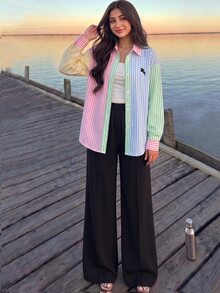SHEIN 3件套，適合女孩，清新韓系休閒風，校園通勤與旅行，春/秋裝扮，拼色條紋馬尾襯衫 + 純色細肩帶背心 + 垂墜開衩寬腿褲 - 彩色 - 查看 7