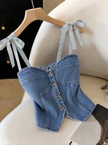 GlowEve Summer Going Out Single Breasted Button Camisole Sleeveless Casual Daily Wear Party Fashion Cool Camisole Top - Blue - View 3