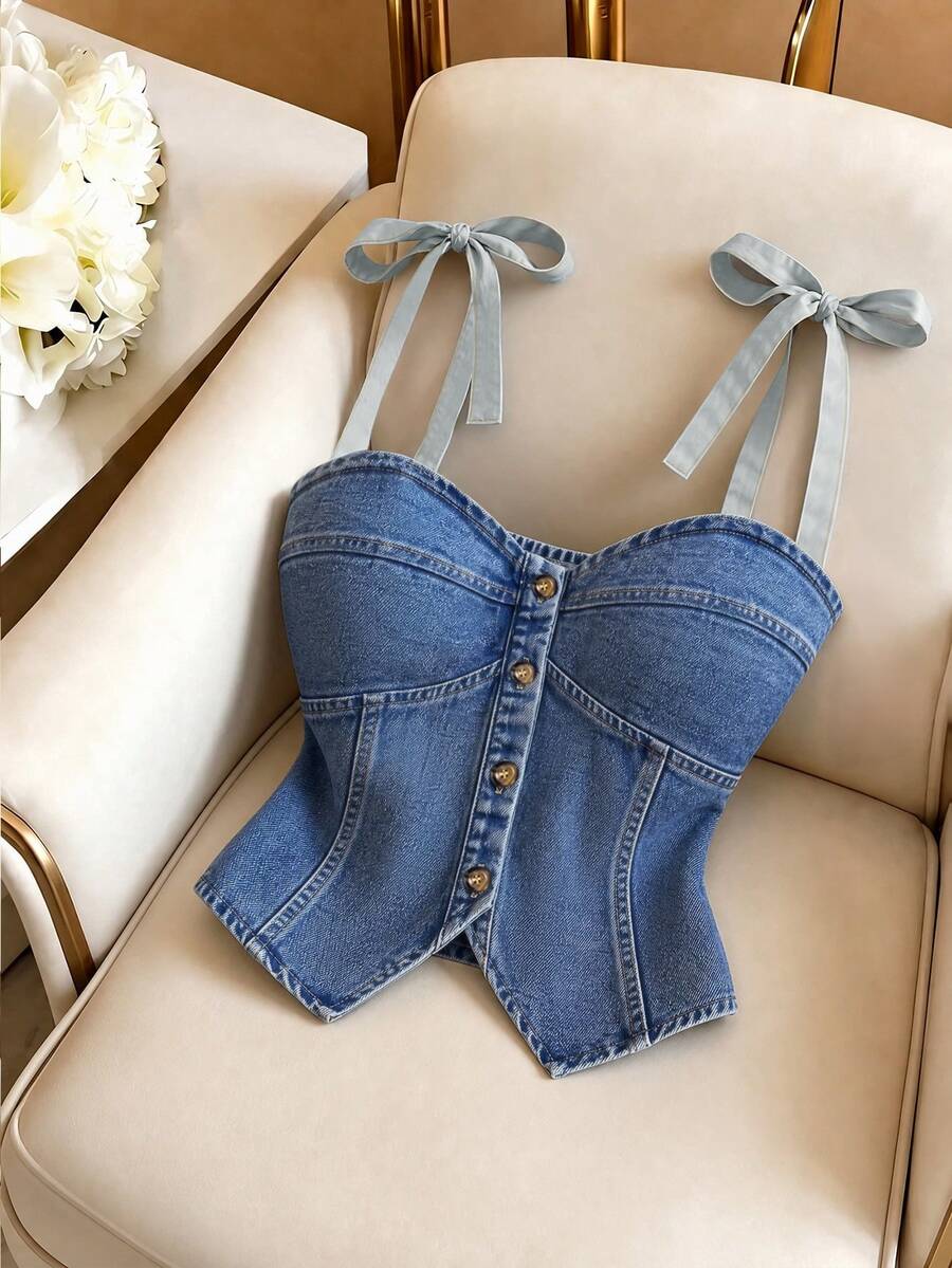 GlowEve Summer Going Out Single Breasted Button Camisole Sleeveless Casual Daily Wear Party Fashion Cool Camisole Top - Blue - View 1