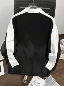Daypath Kemeja Polo Lengan Panjang Pria Kasual Longgar dengan Motif Huruf dan Blok Warna untuk Musim Gugur. - Hitam - View 2