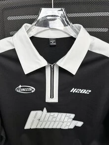 Daypath Kemeja Polo Lengan Panjang Pria Kasual Longgar dengan Motif Huruf dan Blok Warna untuk Musim Gugur. - Hitam - View 4