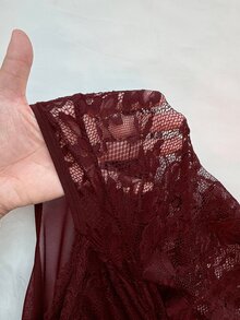NU&NOW 大尺碼女款蕾絲連身內衣，四季長袖優雅修身連身衣 - 酒紅色 - 查看 6
